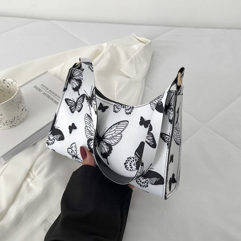 

Butterfly Print Baguette Bag, Black and white