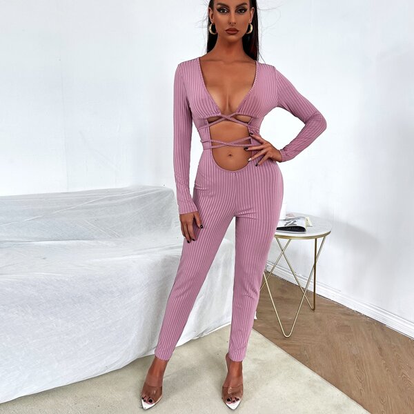 

Cut Out Crisscross Knot Unitard Jumpsuit, Dusty pink