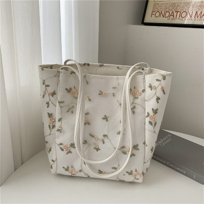 

Floral Embroidery Tote Bag, White