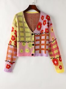 格紋和花朵圖案撞色拼接接縫開襟衫 - 彩色 - 查看 1