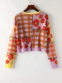 格紋和花朵圖案撞色拼接接縫開襟衫 - 彩色 - 查看 2