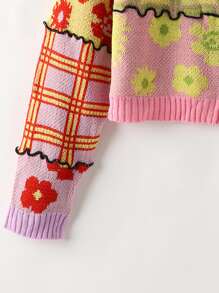 格紋和花朵圖案撞色拼接接縫開襟衫 - 彩色 - 查看 3