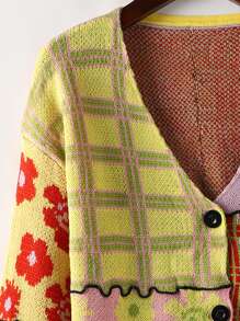 格紋和花朵圖案撞色拼接接縫開襟衫 - 彩色 - 查看 4