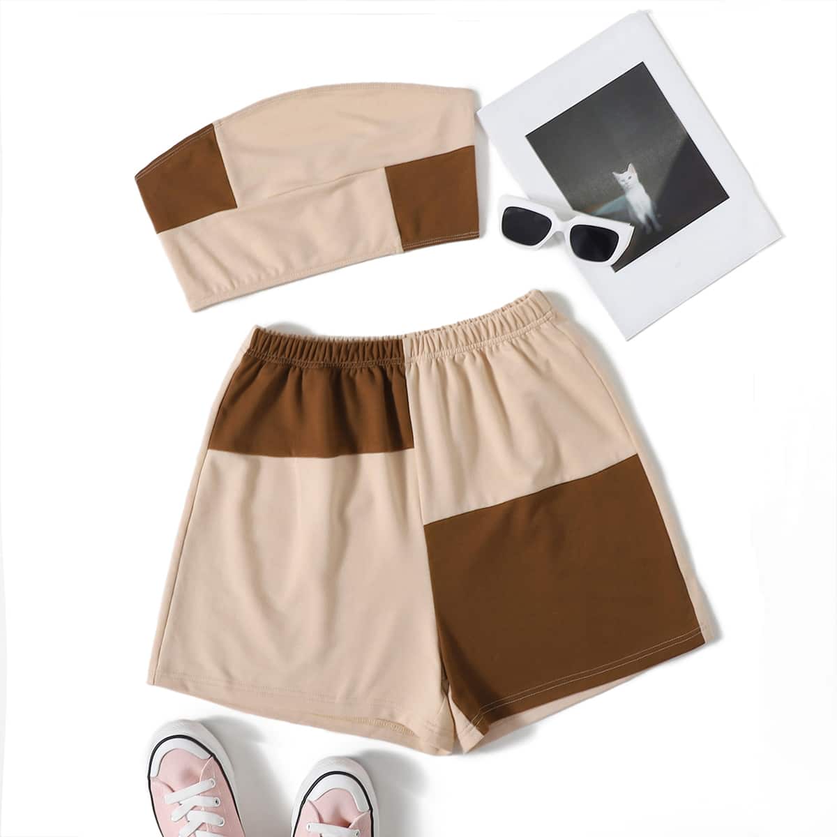 

Color Block Bandeau & Elastic Waist Shorts, Multicolor
