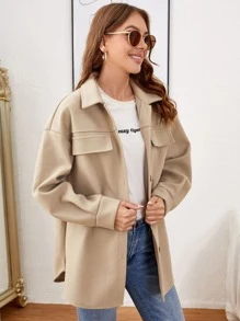 Flap Detail Drop Shoulder Overcoat - Khaki - View 1