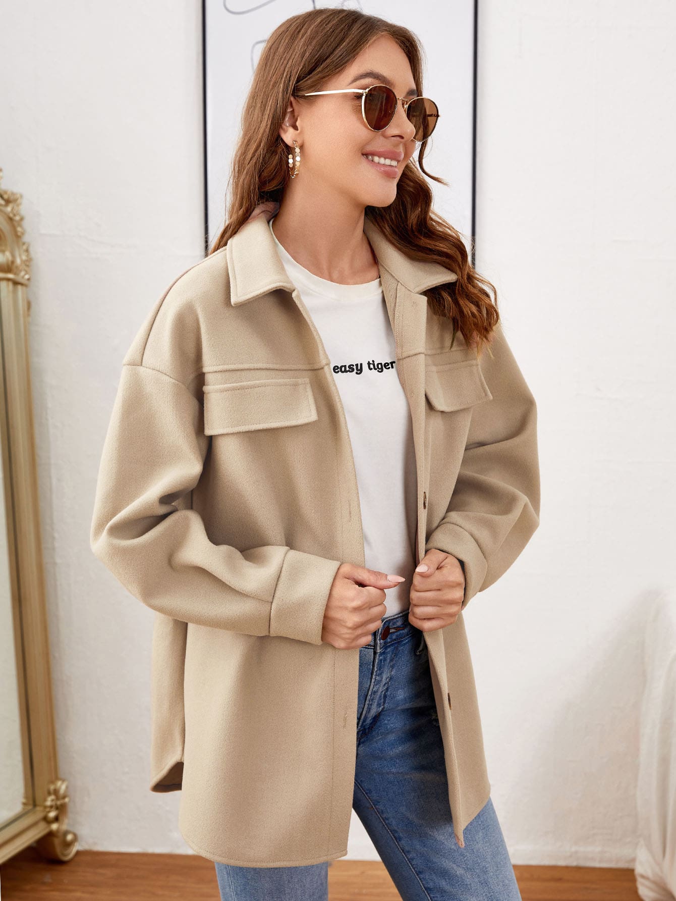 Flap Detail Drop Shoulder Overcoat - Khaki - View 1