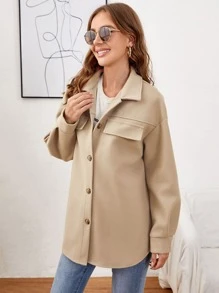 Flap Detail Drop Shoulder Overcoat - Khaki - View 3