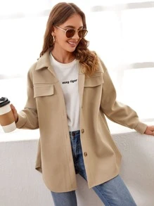 Flap Detail Drop Shoulder Overcoat - Khaki - View 4