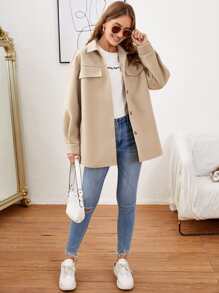 Flap Detail Drop Shoulder Overcoat - Khaki - View 5