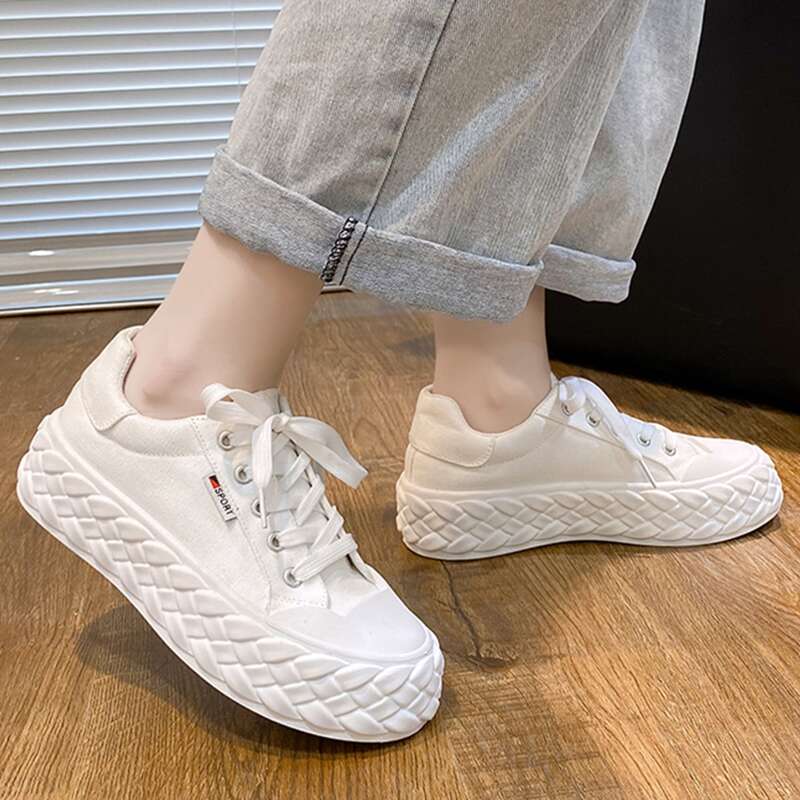 

Minimalist Lace-up Front Canvas Shoes, White