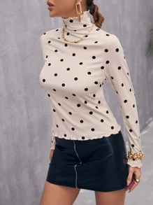 波卡圓點高領木耳邊T恤 - 杏色 - 查看 3