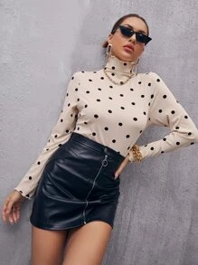 波卡圓點高領木耳邊T恤 - 杏色 - 查看 5