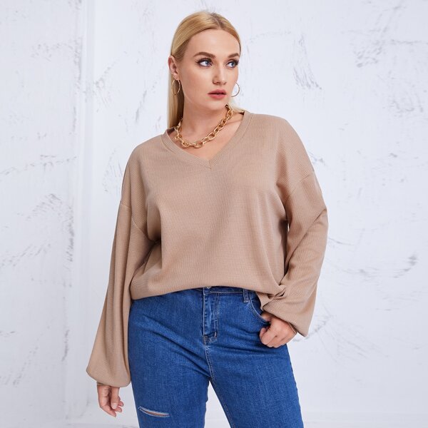 

Plus Waffle Knit Drop Shoulder V Neck Tee, Apricot