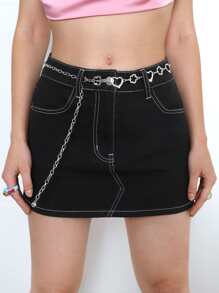 Falda en mezclilla con diseño de cadena - Negro - Ver 1