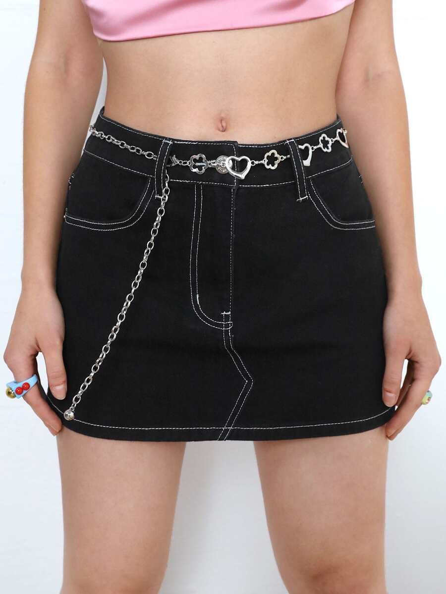 Falda en mezclilla con diseño de cadena - Negro - Ver 1
