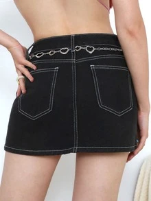 Falda en mezclilla con diseño de cadena - Negro - Ver 2