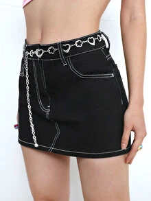 Falda en mezclilla con diseño de cadena - Negro - Ver 3