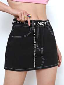 Falda en mezclilla con diseño de cadena - Negro - Ver 4