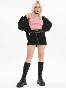 Falda en mezclilla con diseño de cadena - Negro - Ver 5