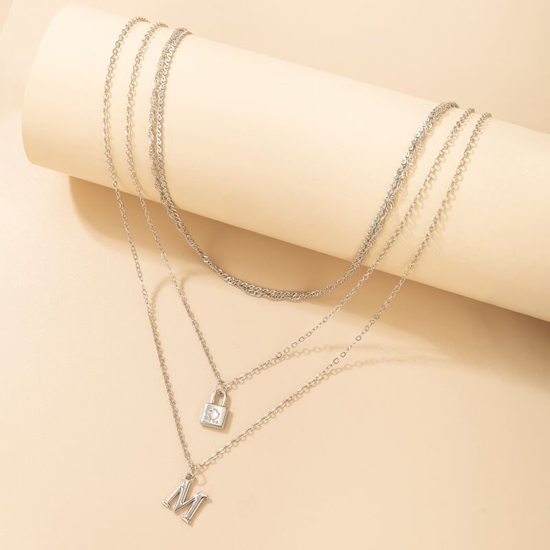 

Letter Design Layered Chain Necklace, Silver