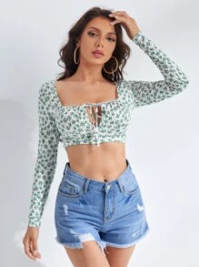 SHEIN Ditsy Floral Cut Out Bust Crop Top - Green - View 1