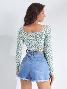 SHEIN Ditsy Floral Cut Out Bust Crop Top - Green - View 2