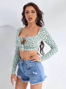 SHEIN Ditsy Floral Cut Out Bust Crop Top - Green - View 4