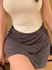 Solid Ruched Slit Skirt - Dark Grey - View 1