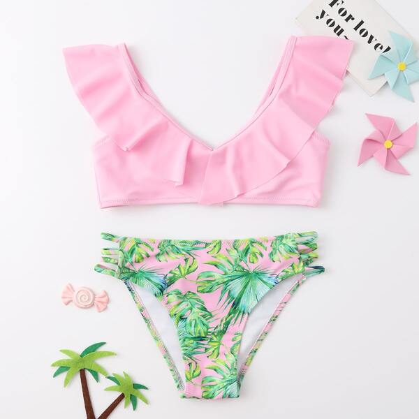 

Girls Tropical Leaf Print Ruffle Hem Bikini Swimsuit, Multicolor