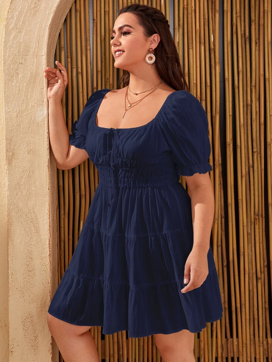 SHEIN VCAY Plus Square Neck Puff Sleeve A-line Dress - Navy Blue - View 1