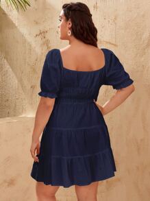 SHEIN VCAY Plus Square Neck Puff Sleeve A-line Dress - Navy Blue - View 2