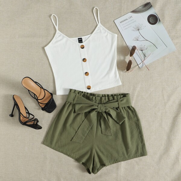 

Ribbed Knit Button Front Cami Top & Belted Shorts, Multicolor