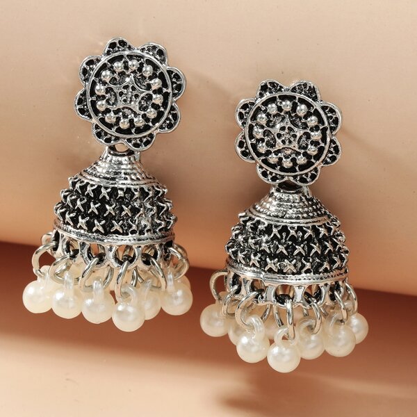

Jhumka Серьги с искусственным жемчугом, Античное серебро