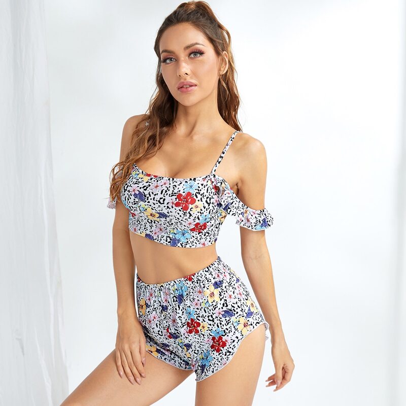 

Floral Print Cold Shoulder Pajama Set, Multicolor