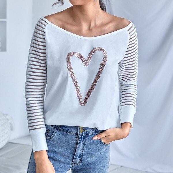 

Contrast Sequin Raglan Sleeve Tee, White