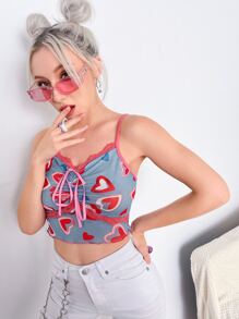 SHEIN ICON Top de tirantes corto con estampado de corazón ribete con encaje con cordón delantero - Neblina azul - Ver 1