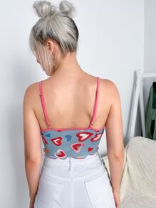 SHEIN ICON Top de tirantes corto con estampado de corazón ribete con encaje con cordón delantero - Neblina azul - Ver 2