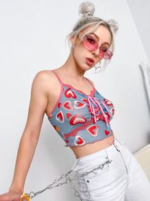 SHEIN ICON Top de tirantes corto con estampado de corazón ribete con encaje con cordón delantero - Neblina azul - Ver 3