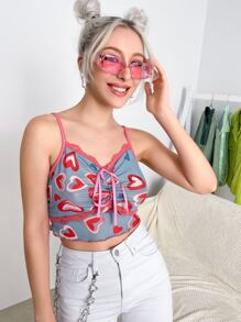 SHEIN ICON Top de tirantes corto con estampado de corazón ribete con encaje con cordón delantero - Neblina azul - Ver 5