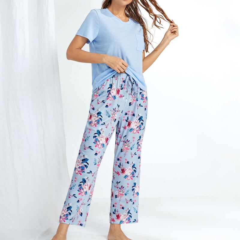 

Floral Print Knot Waist PJ Set, Blue