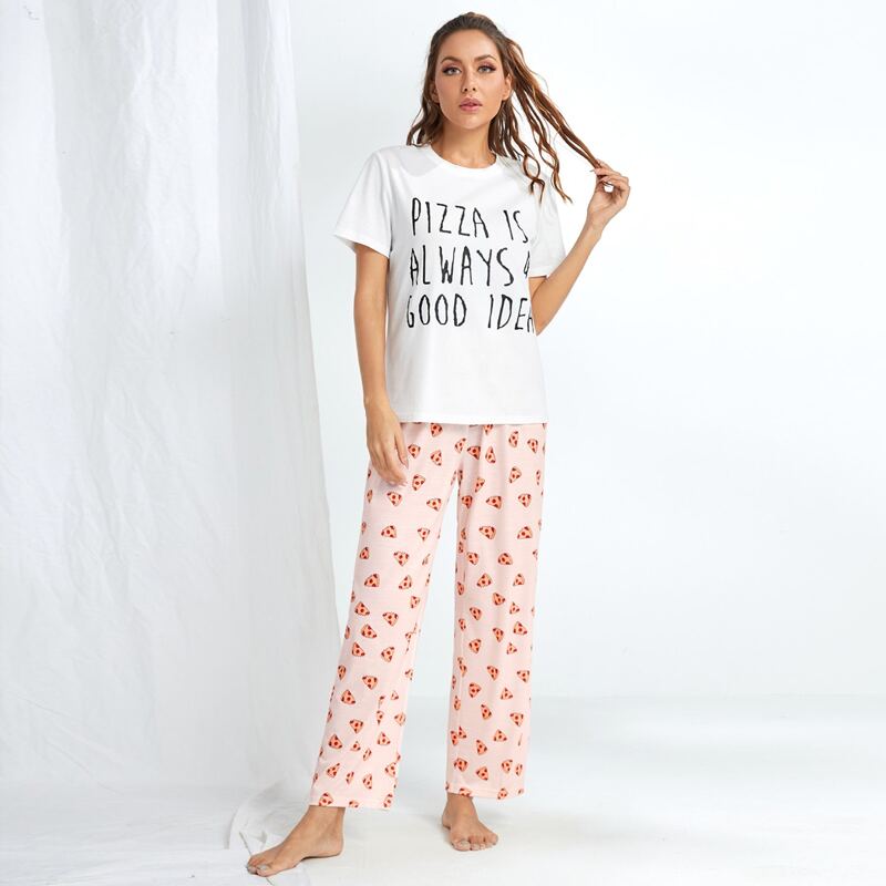 

Pizza And Slogan Graphic Pajama Set, Multicolor