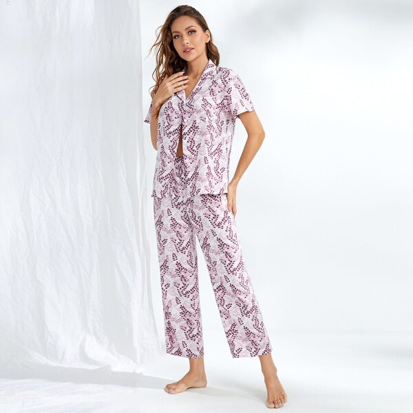 

Allover Plants Button Front Pajama Set, Lilac purple