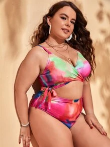 Plus Tie Dye Cut Out One Piece Swimsuit - Multicolor - View 4