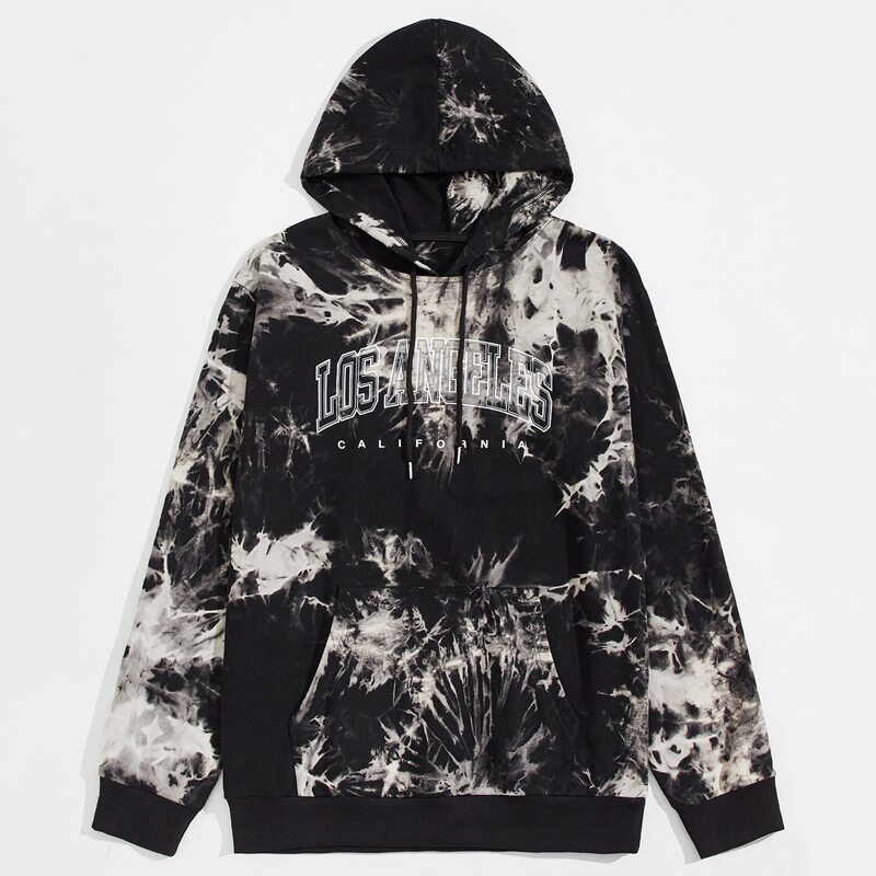 

Guys Letter Graphic Tie Dye Drawstring Kangaroo Pocket Hoodie, Black and white