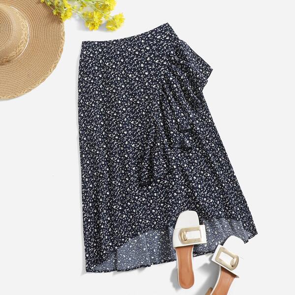 

Ditsy Floral Print Ruffle Trim High Low Hem Skirt, Black