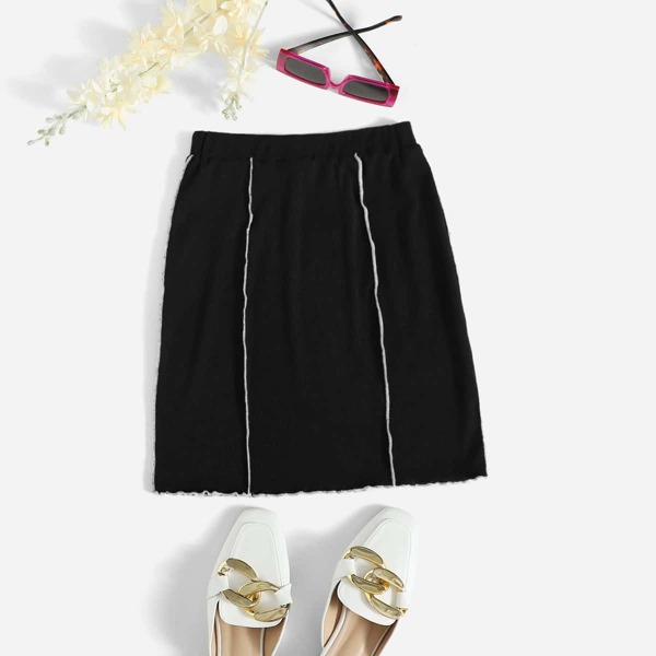 

Lettuce Trim Contrast Stitching Skirt, Black