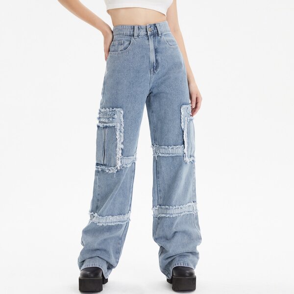 

High Waist Raw Hem Cargo Jeans, Light wash