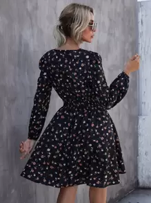 SHEIN Clasi Đầm Dải chun Họa tiết hoa Boho - màu đen - Xem 2