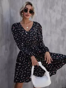 SHEIN Clasi Đầm Dải chun Họa tiết hoa Boho - màu đen - Xem 4