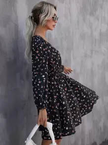 SHEIN Clasi Đầm Dải chun Họa tiết hoa Boho - màu đen - Xem 5